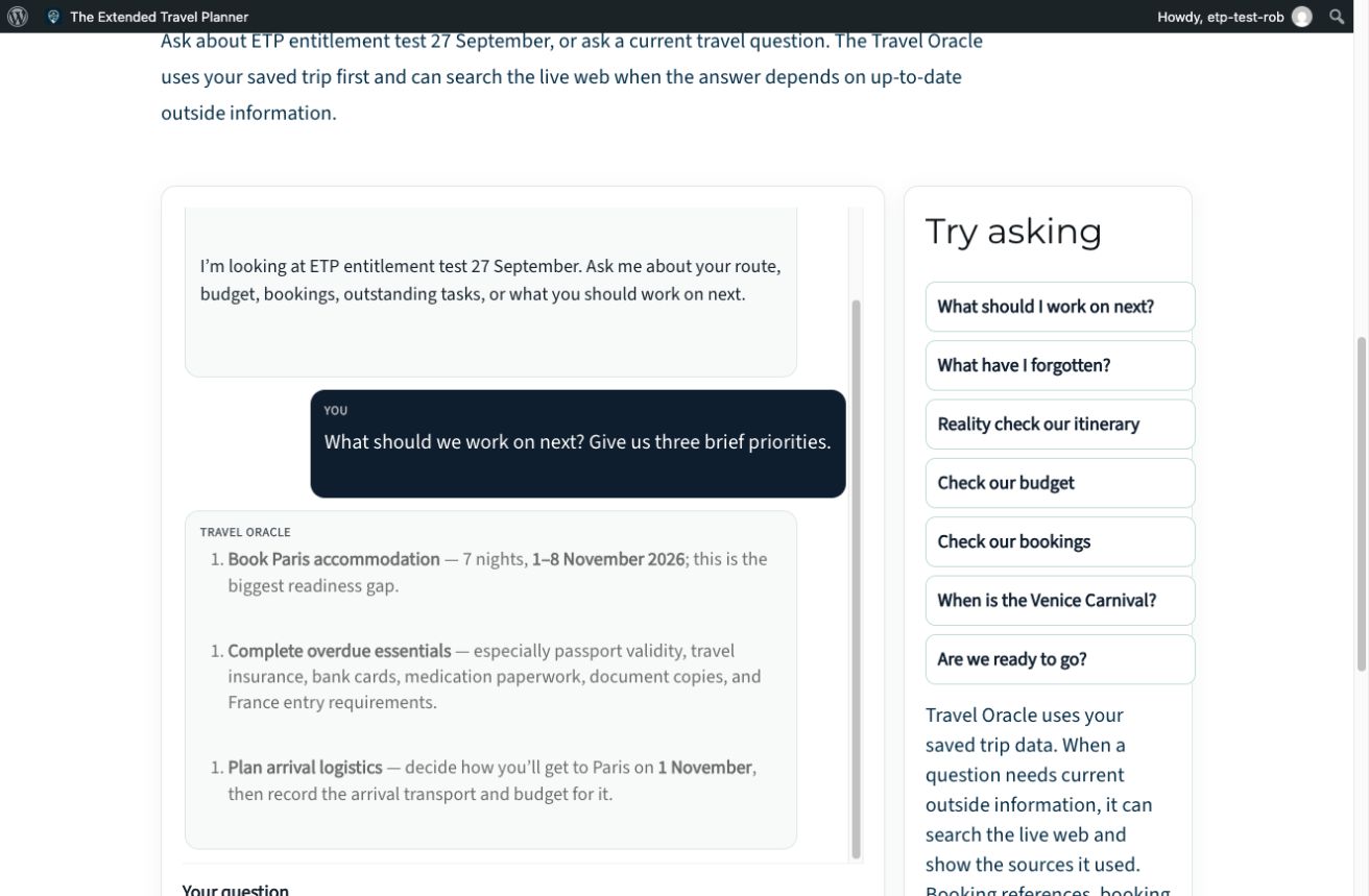 Travel Oracle, real planner screen with demonstration data