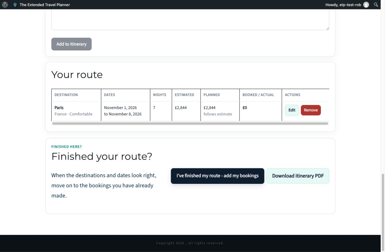 Route, real planner screen with demonstration data