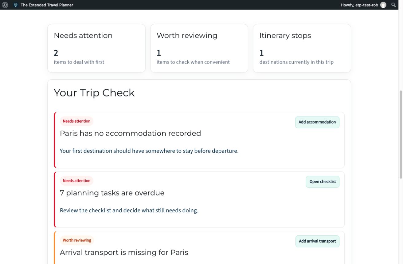Trip Check, real planner screen with demonstration data